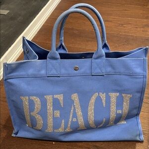 Quilted Koala Blue Beach Tote with Silver Lettering